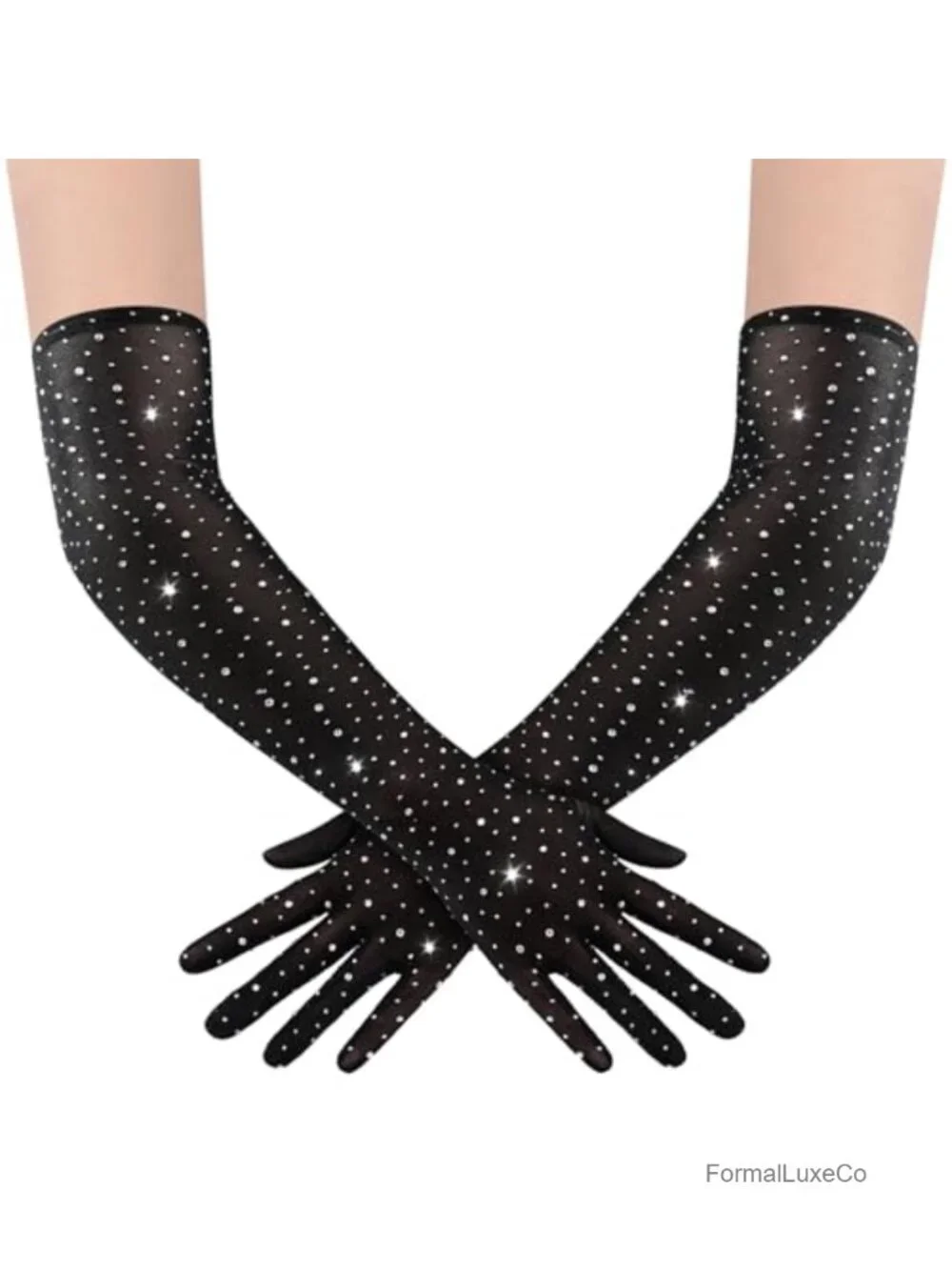 Long Rhinestone Tulle Sheer Sparkly Elbow Length Gloves for Opera Party
